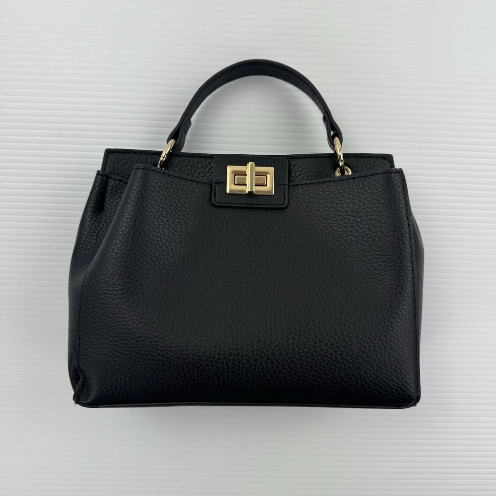 Black Faux Leather Top Handle Crossbody Bag Gold Turn Lock Purse - Picture 3 of 10